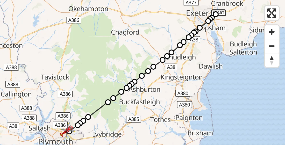Flight path map showing Air Ambulance Helicopter route from Clyst Honiton to Plympton