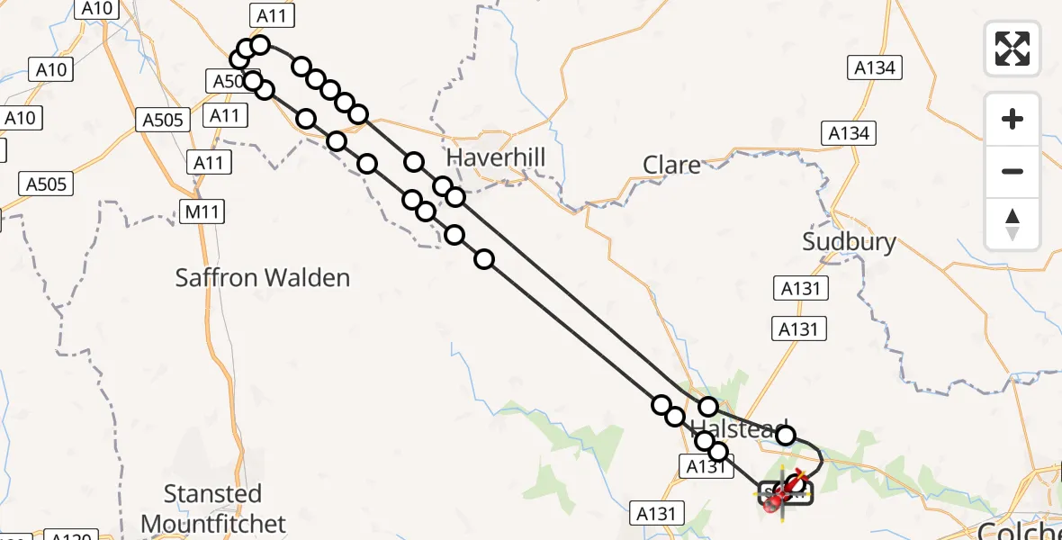 Flight path map showing Air Ambulance Helicopter route from Earls Colne Airfield to Earls Colne Airfield