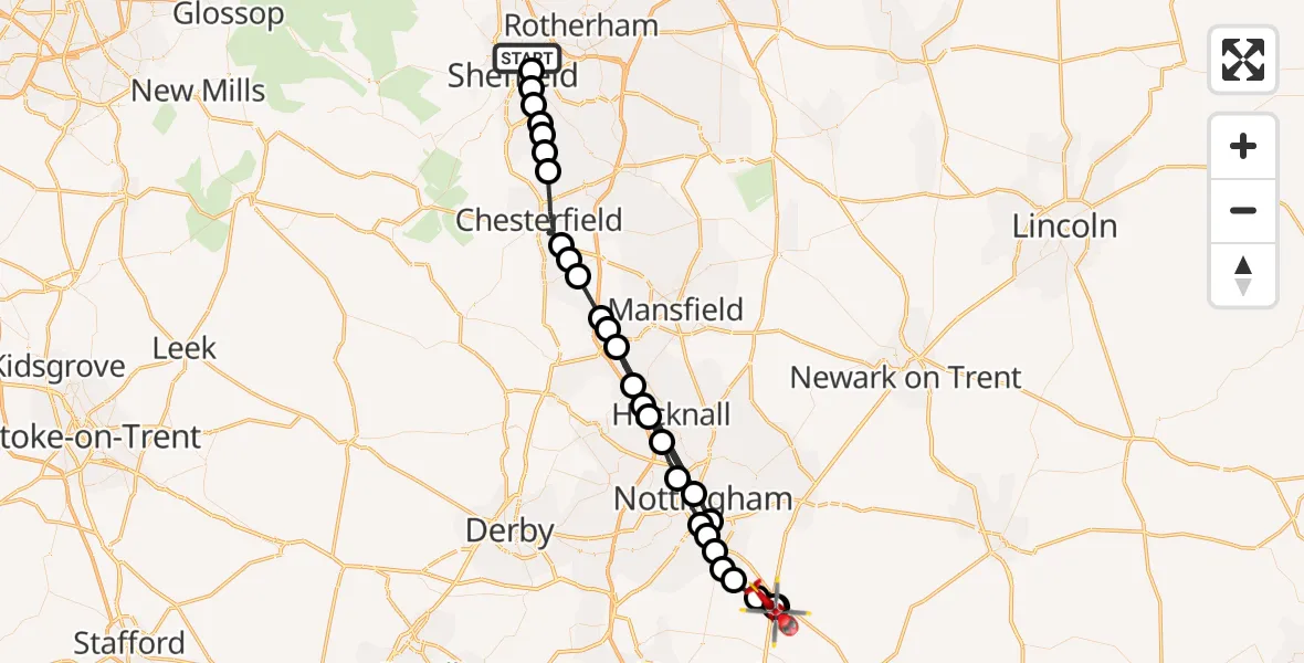 Flight path map showing Air Ambulance Helicopter route from Atlas to Nottingham Heliport