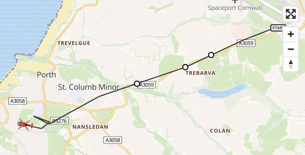 Flight path map showing Air Ambulance Helicopter route from Cornwall Airport Newquay to Newquay