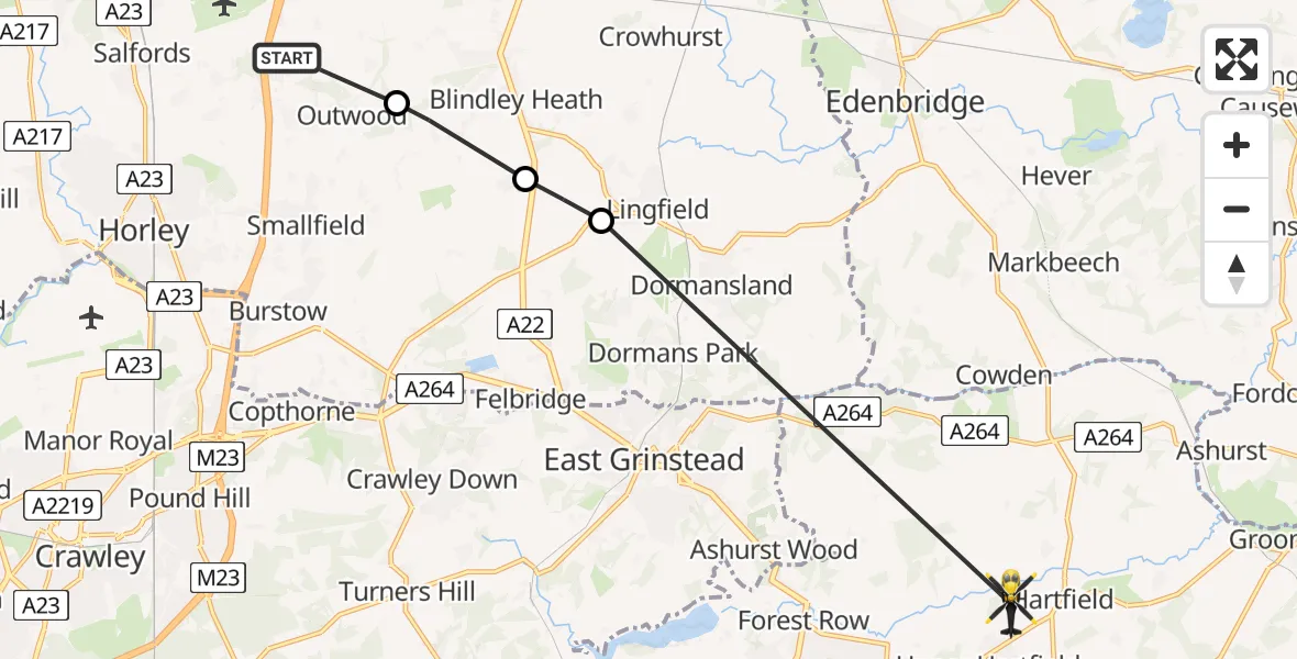 Flight path map showing Police Helicopter route from Outwood to Upper Hartfield