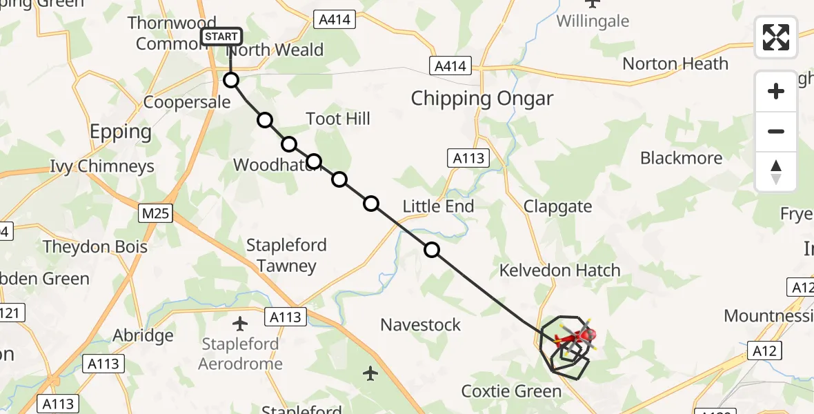 Flight path map showing Air Ambulance Helicopter route from North Weald Airfield to Brentwood