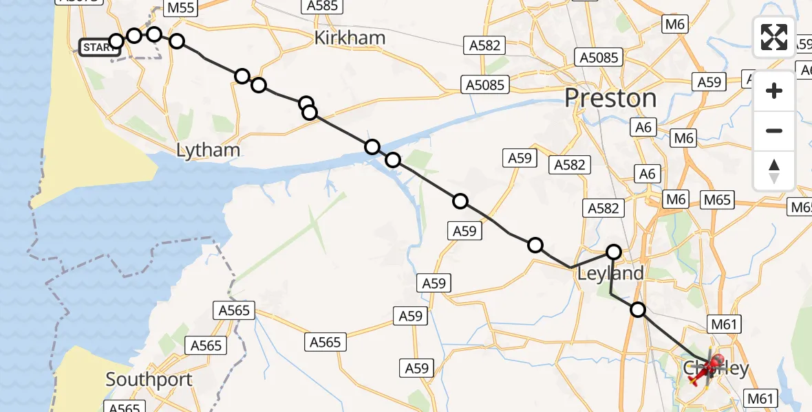 Flight path map showing Air Ambulance Helicopter route from Blackpool Airport to Chorley