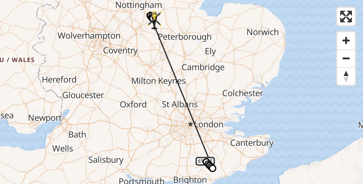 Flight path map showing Police Helicopter route from Crowborough to Thorpe Arnold