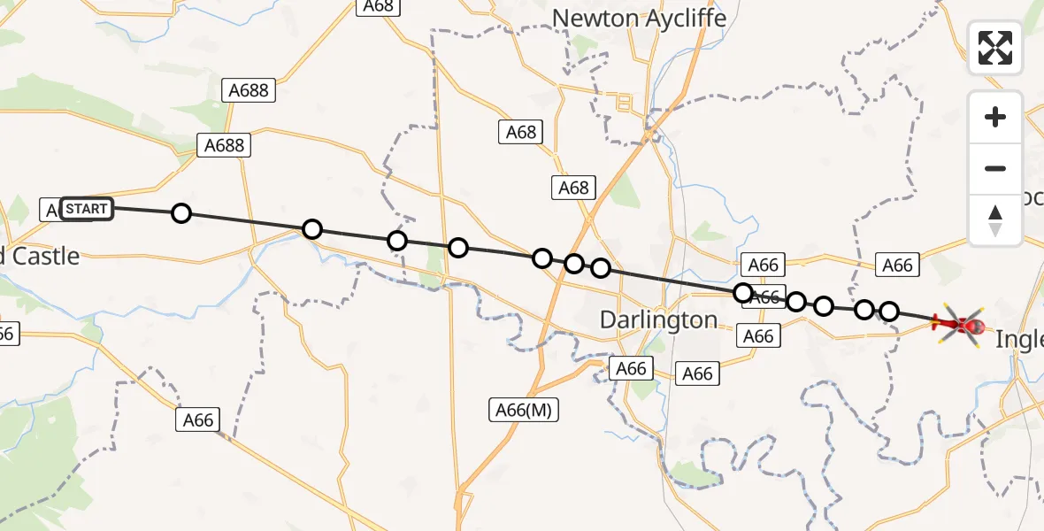 Flight path map showing Air Ambulance Helicopter route from Stainton to Egglescliffe