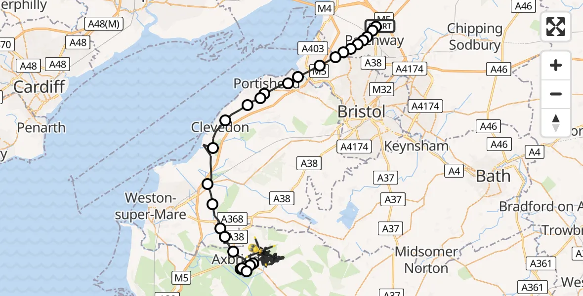 Flight path map showing Police Helicopter route from Almondsbury Helicopter Base to Cheddar