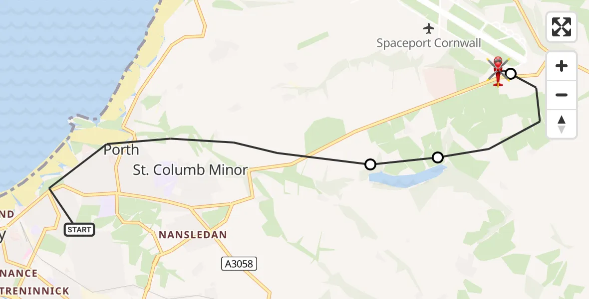Flight path map showing Air Ambulance Helicopter route from Newquay to Cornwall Airport Newquay