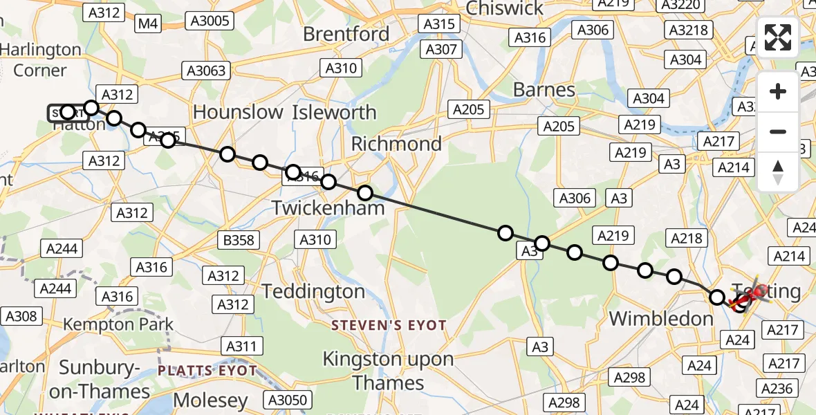 Flight path map showing Air Ambulance Helicopter route from London Heathrow Airport to St Georges Hospital
