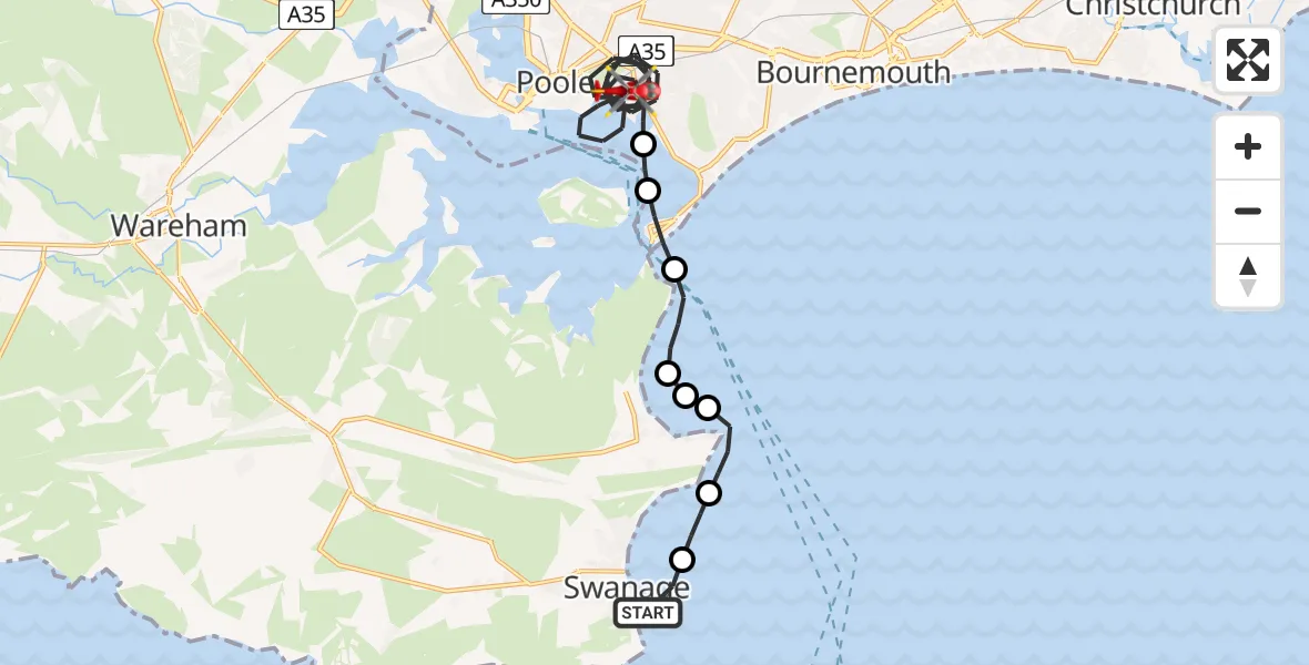 Flight path map showing Air Ambulance Helicopter route from Swanage to Poole