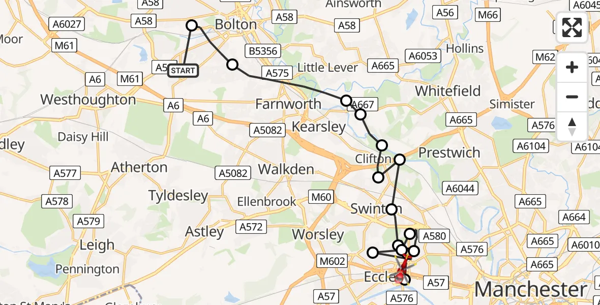 Flight path map showing Air Ambulance Helicopter route from Bolton to Eccles