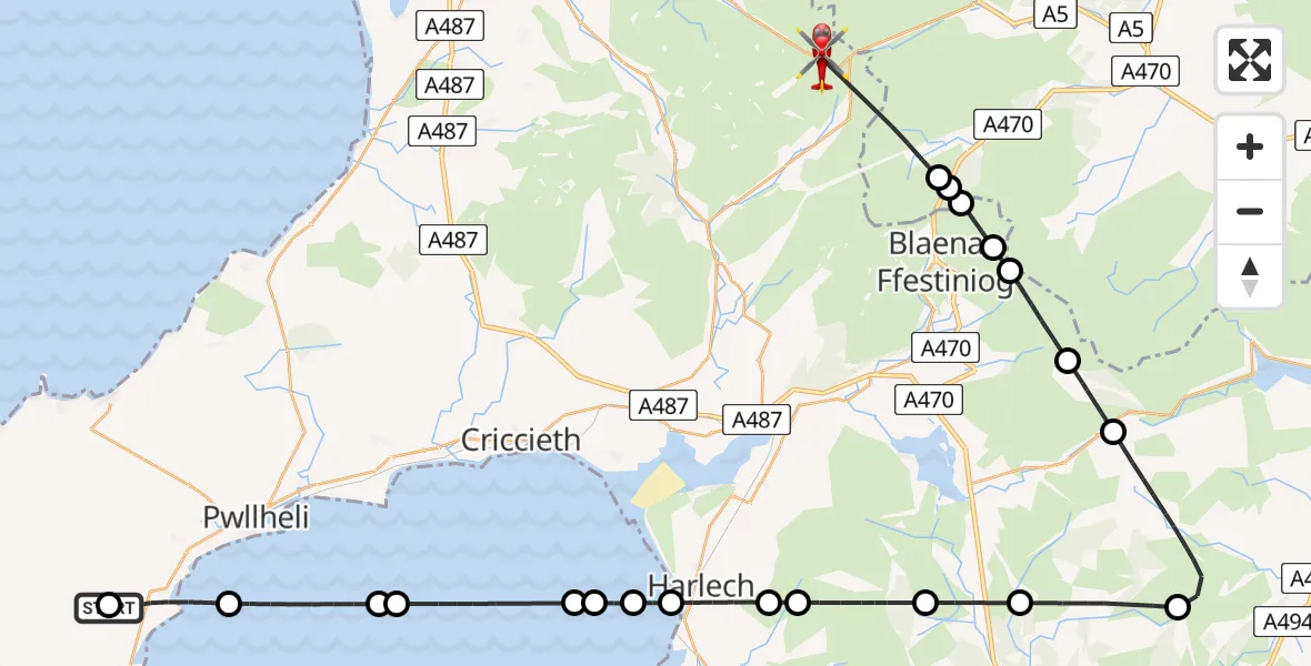 Flight path map showing Air Ambulance Helicopter route from Mynytho to Llanberis