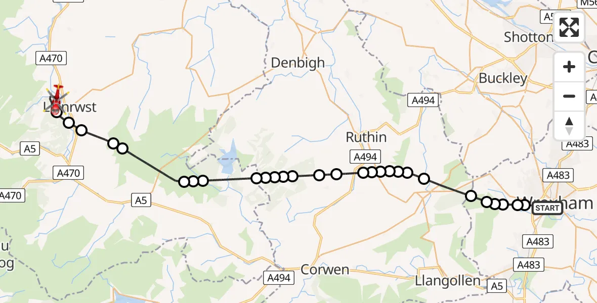 Flight path map showing Air Ambulance Helicopter route from Felin Puleston to Trefriw