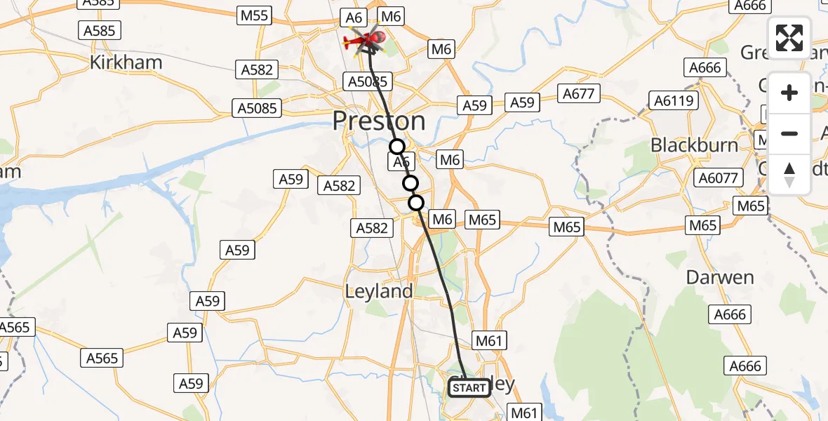 Flight path map showing Air Ambulance Helicopter route from Chorley to Preston