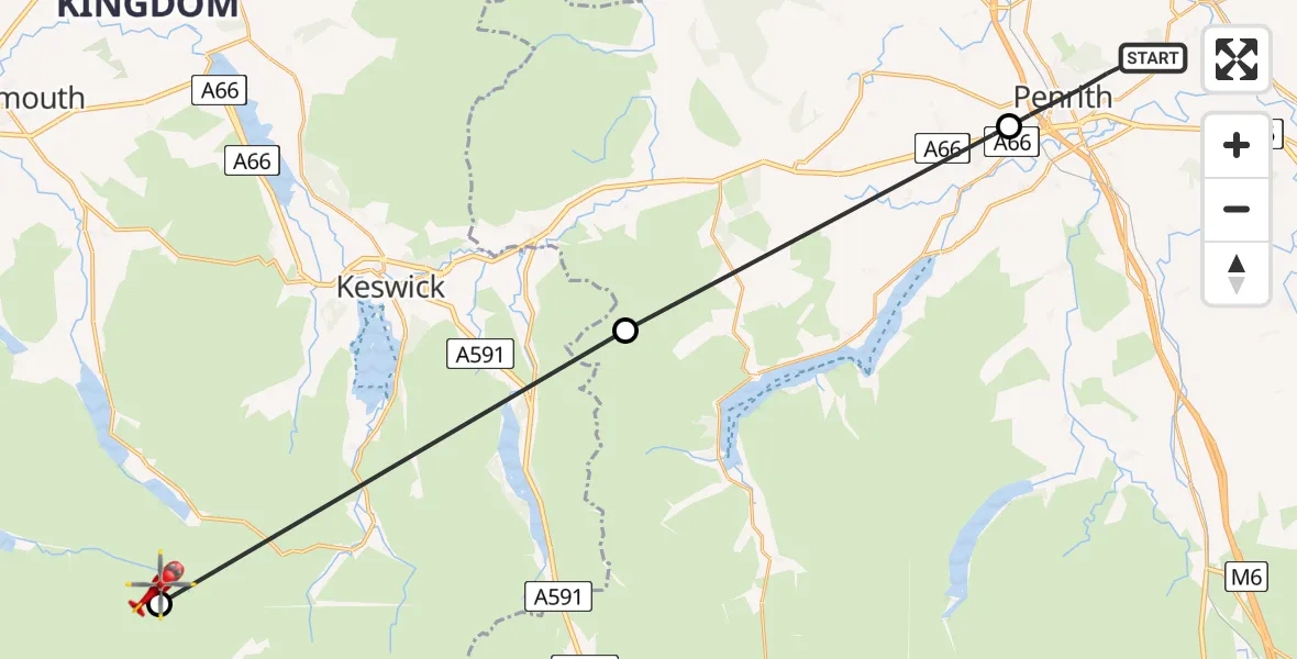 Flight path map showing Air Ambulance Helicopter route from Penrith to Ennerdale and Kinniside