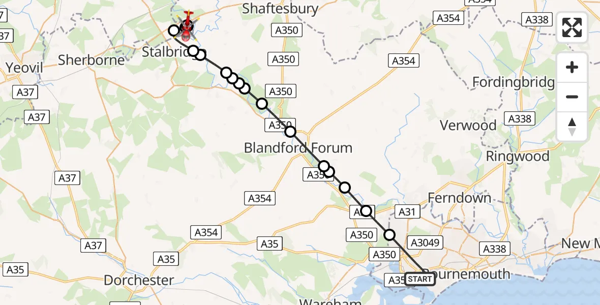 Flight path map showing Air Ambulance Helicopter route from Poole to Henstridge Airfield
