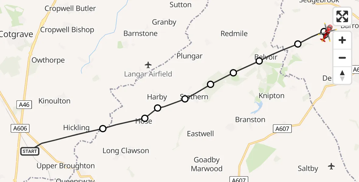 Flight path map showing Air Ambulance Helicopter route from Hickling to Barrowby