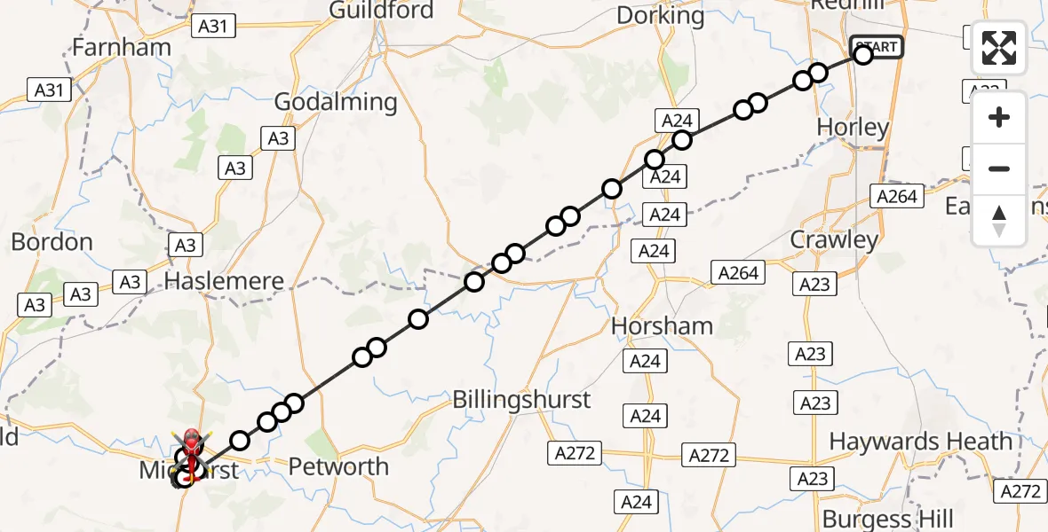 Flight path map showing Air Ambulance Helicopter route from Redhill Aerodrome to Midhurst