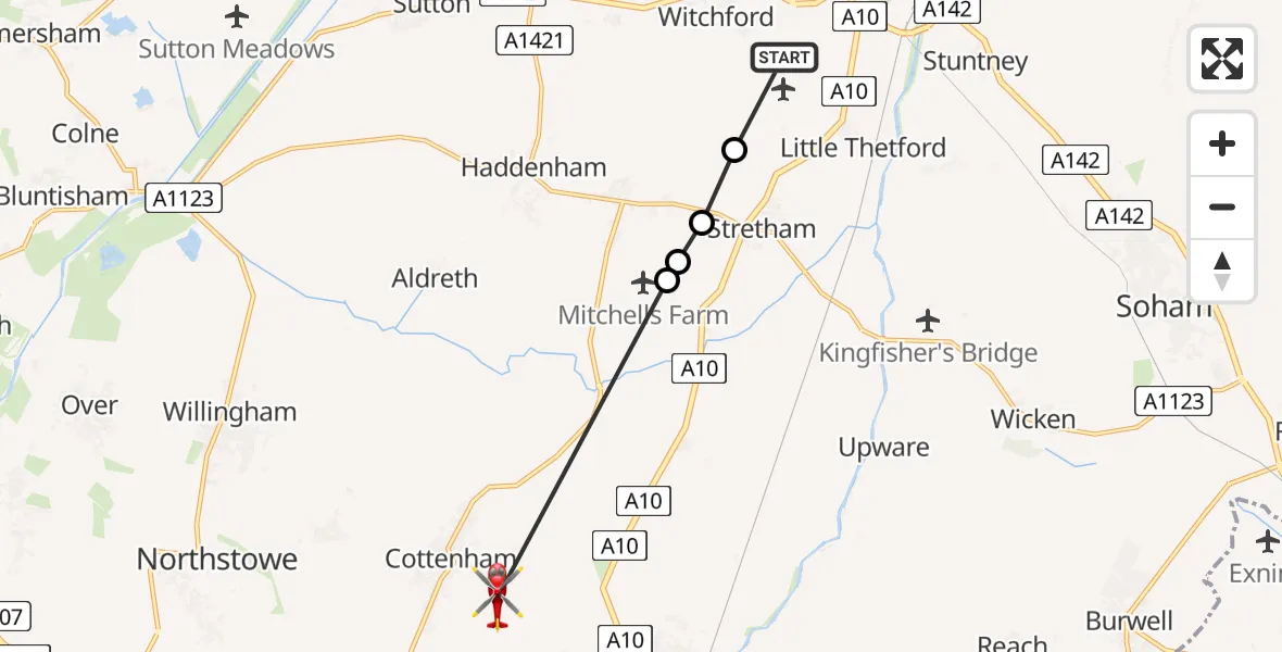 Flight route Air Ambulance Helicopter Ely - South Cambridgeshire, 25 April 2026, 15:23