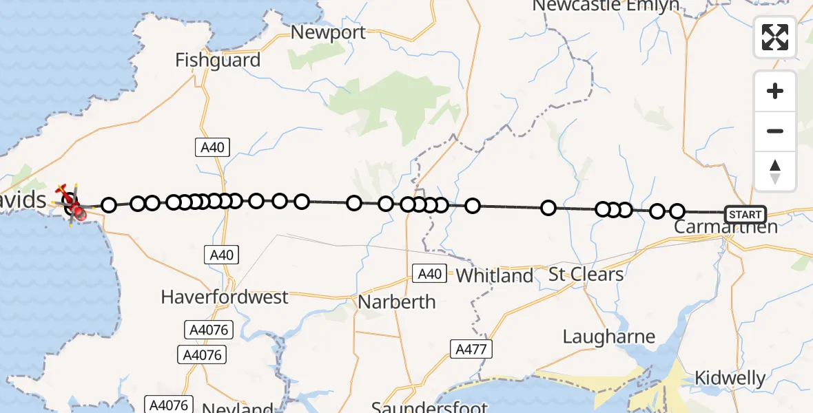 Flight path map showing Air Ambulance Helicopter route from Carmarthen to Solva
