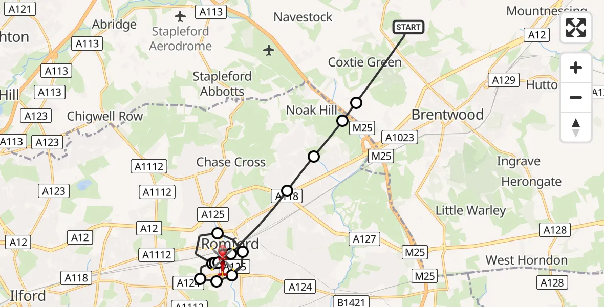 Flight path map showing Air Ambulance Helicopter route from Brentwood to Queens Hospital Romford