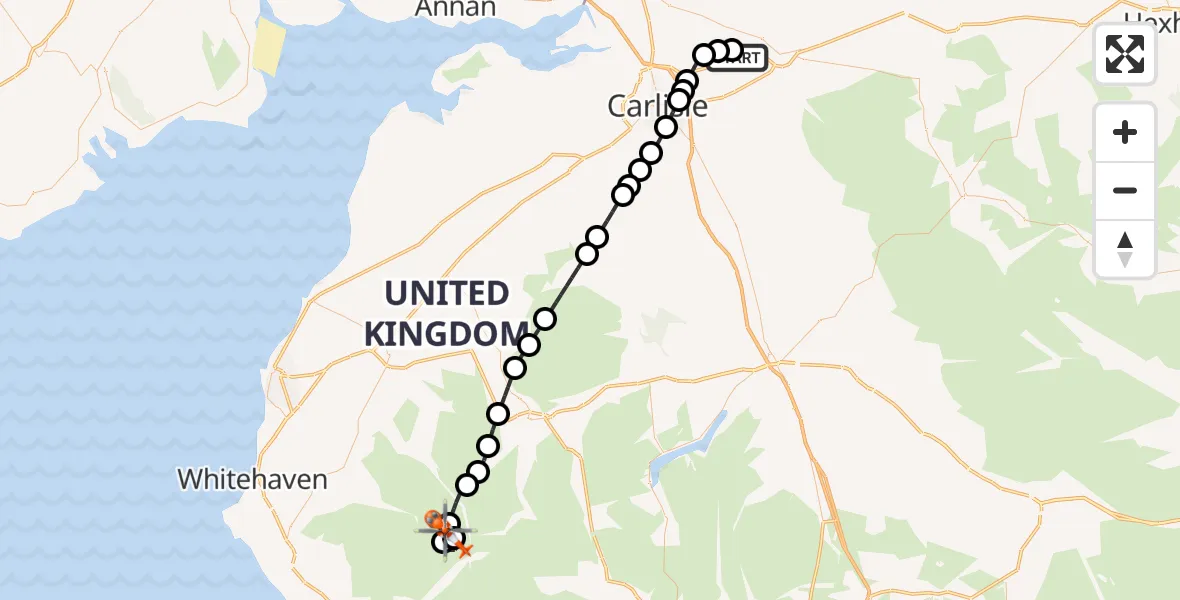Flight path map showing Coastguard Helicopter route from Carlisle Lake District Airport to Ennerdale and Kinniside