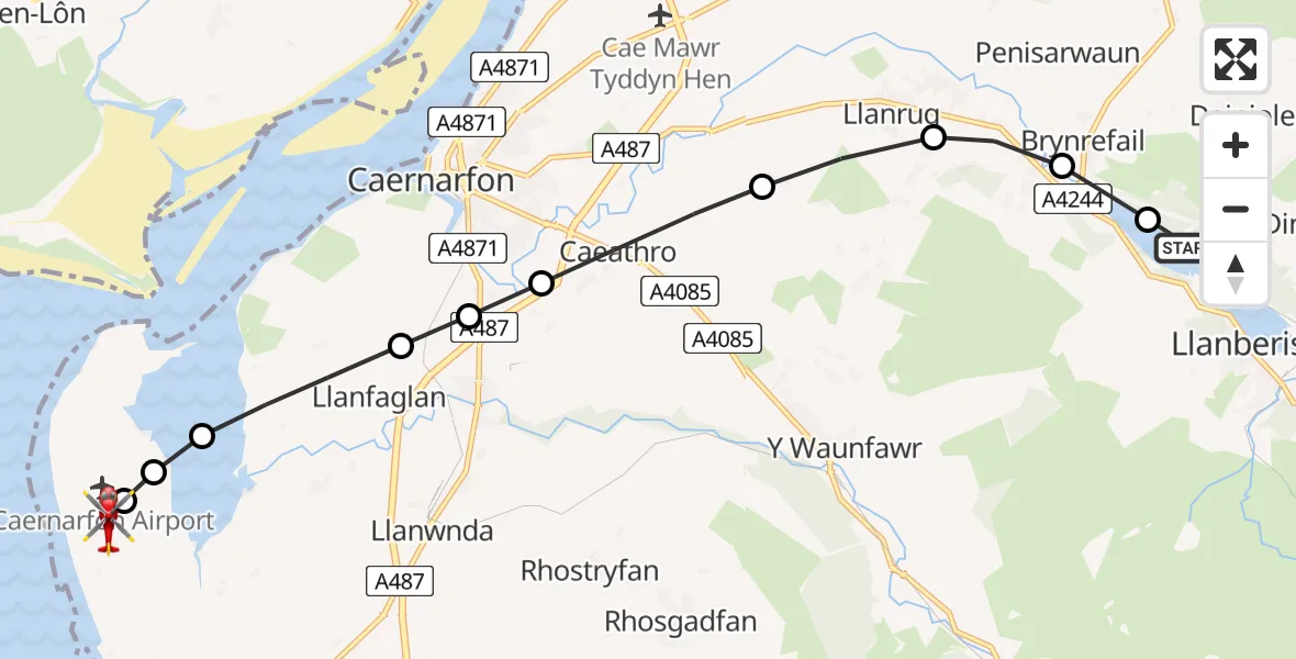 Flight path map showing Air Ambulance Helicopter route from Llanberis to Caernarfon Airport