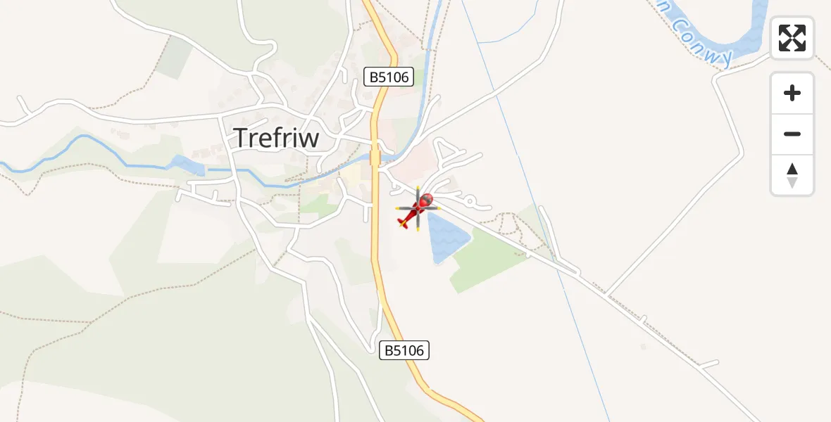 Flight path map showing Air Ambulance Helicopter route from Trefriw to Trefriw