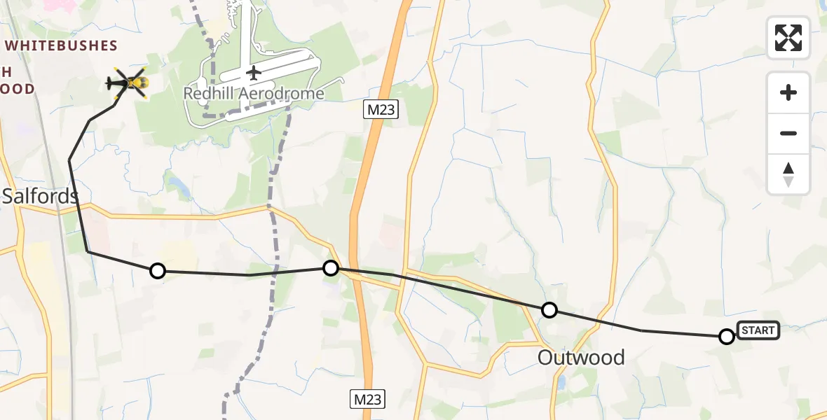 Flight path map showing Police Helicopter route from Outwood to Salfords