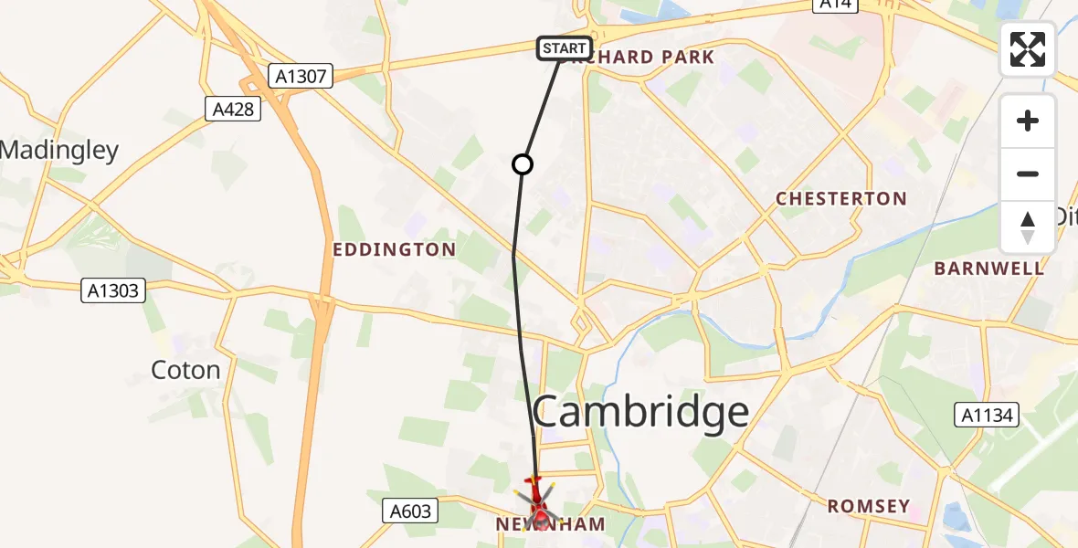 Flight path map showing Air Ambulance Helicopter route from Impington to Cambridge