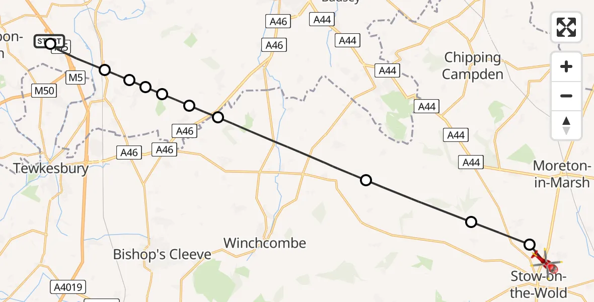 Flight path map showing Air Ambulance Helicopter route from Hill Croome to Donnington