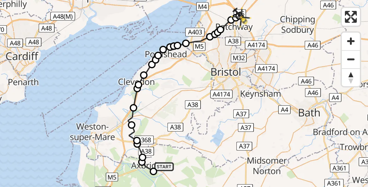Flight path map showing Police Helicopter route from Cheddar to Almondsbury Helicopter Base