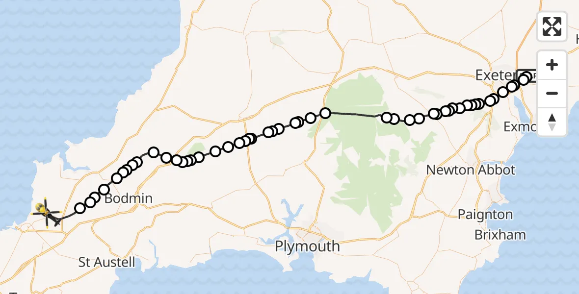 Flight path map showing Police Helicopter route from Exeter International Airport to Cornwall Airport Newquay
