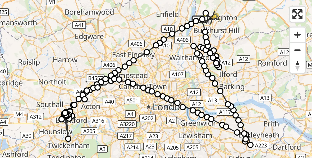 Flight path map showing Police Helicopter route from Sewardstonebury to Loughton