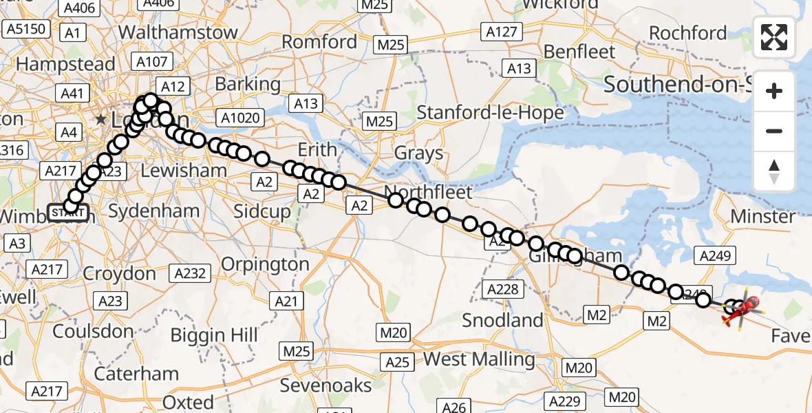 Flight path map showing Air Ambulance Helicopter route from St Georges Hospital to Teynham