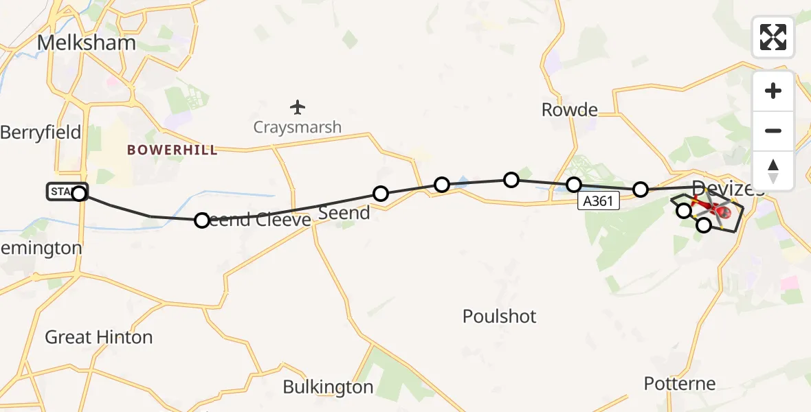 Flight path map showing Air Ambulance Helicopter route from Wiltshire Air Ambulance to Devizes
