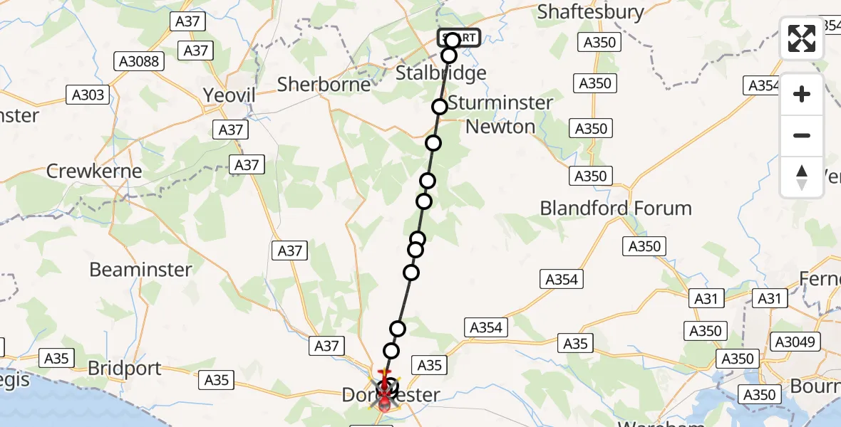 Flight path map showing Air Ambulance Helicopter route from Henstridge Airfield to Dorchester