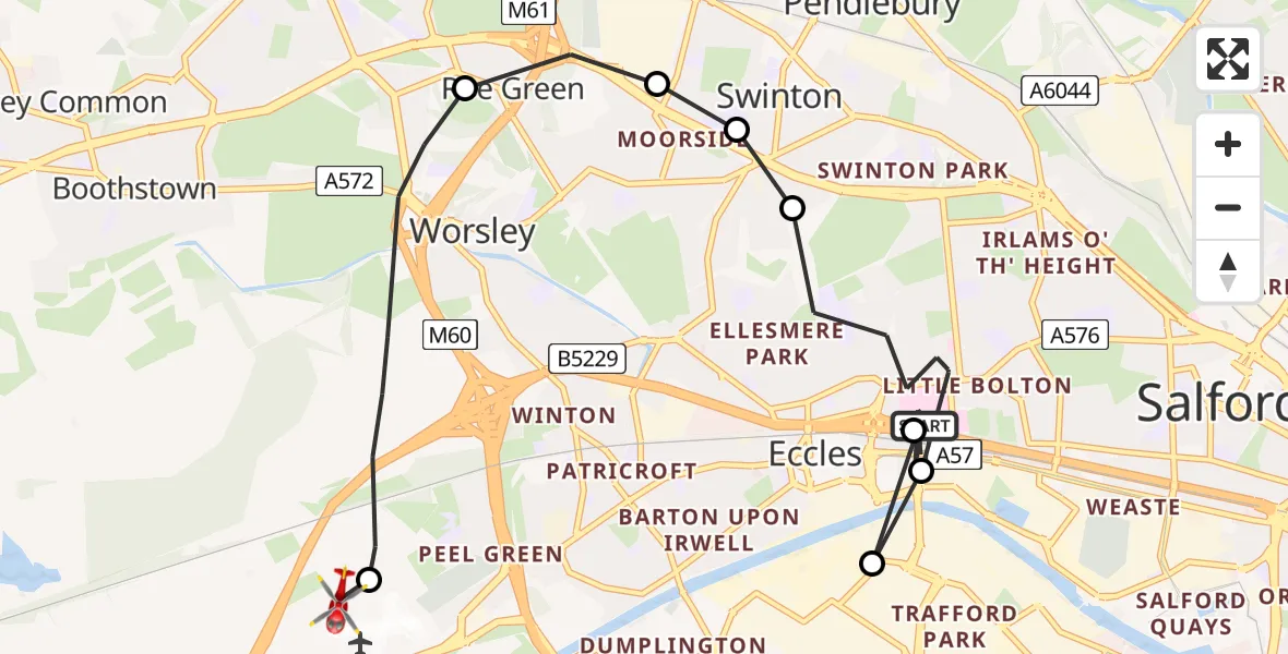 Flight path map showing Air Ambulance Helicopter route from Eccles to Irlam