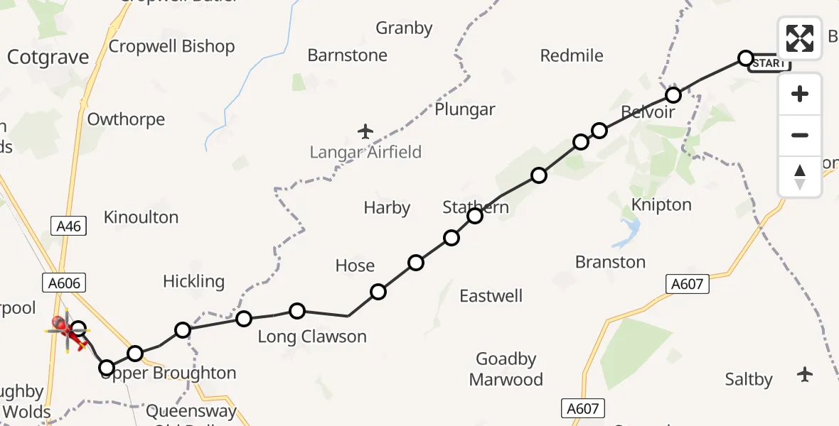 Flight path map showing Air Ambulance Helicopter route from South Kesteven to Nottingham Heliport
