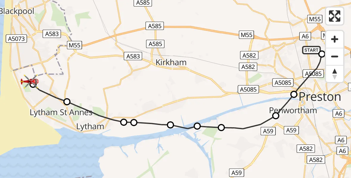 Flight path map showing Air Ambulance Helicopter route from Royal Preston to Blackpool Airport