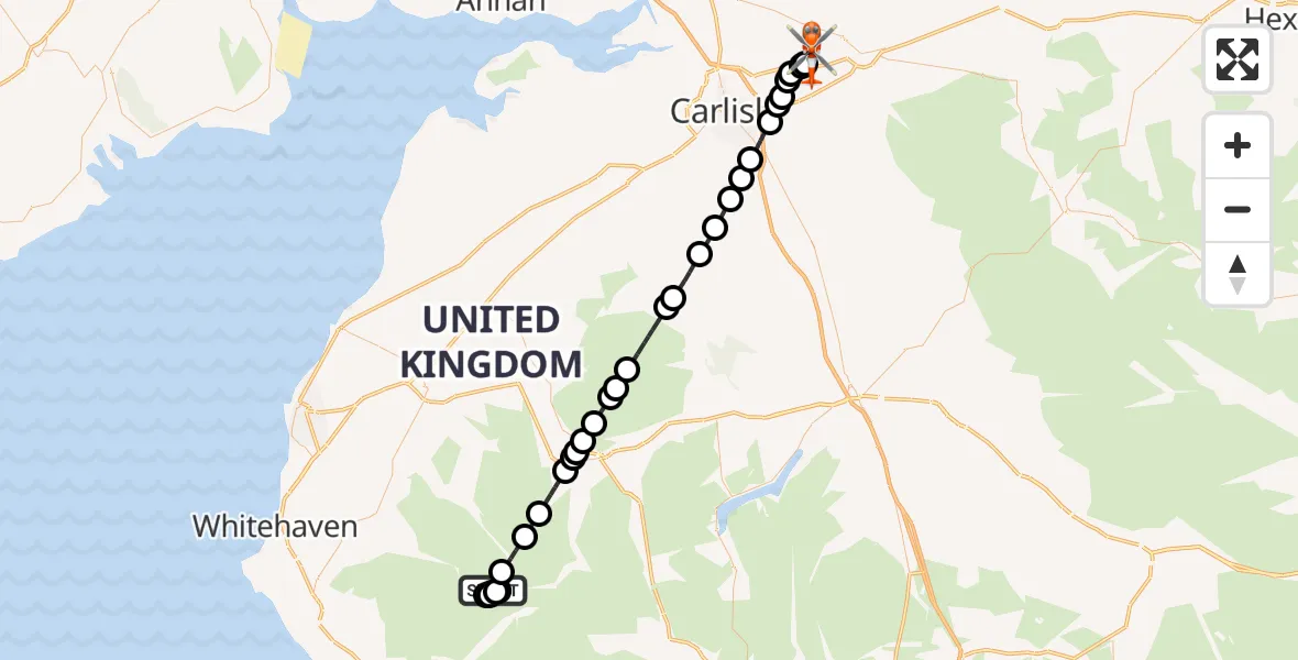 Flight path map showing Coastguard Helicopter route from Ennerdale and Kinniside to Carlisle Lake District Airport