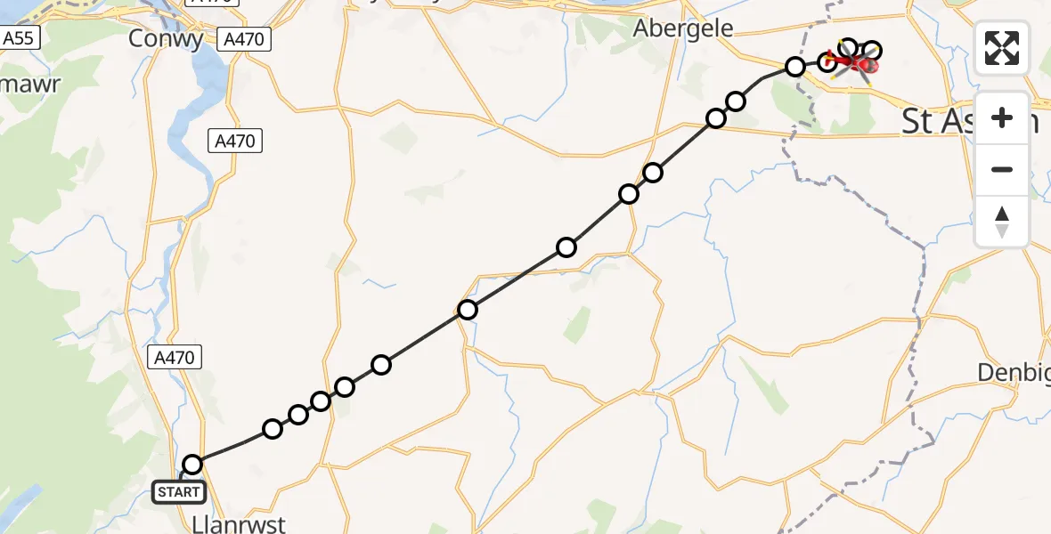 Flight path map showing Air Ambulance Helicopter route from Trefriw to Bodelwyddan
