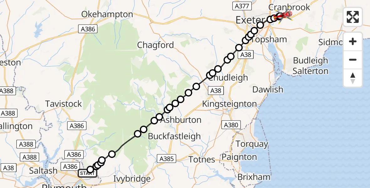 Flight path map showing Air Ambulance Helicopter route from Colebrook Village to Exeter International Airport