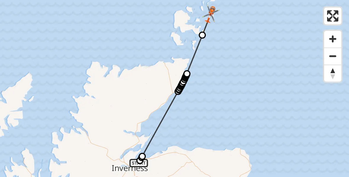 Flight path map showing Coastguard Helicopter route from Inverness Airport to North Atlantic Ocean