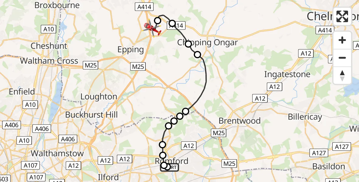 Flight path map showing Air Ambulance Helicopter route from Queens Hospital Romford to North Weald Airfield