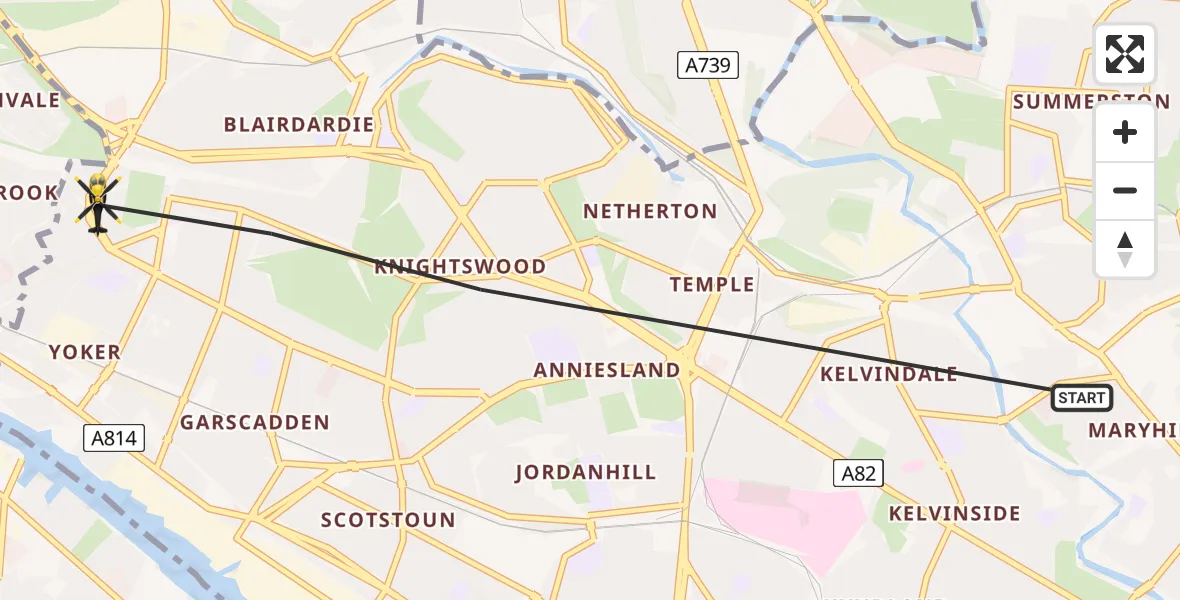 Flight path map showing Police Helicopter route from Glasgow to Clydebank