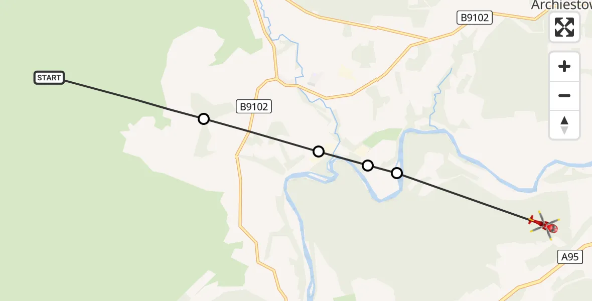Flight path map showing Air Ambulance Helicopter route from Moray to Carron