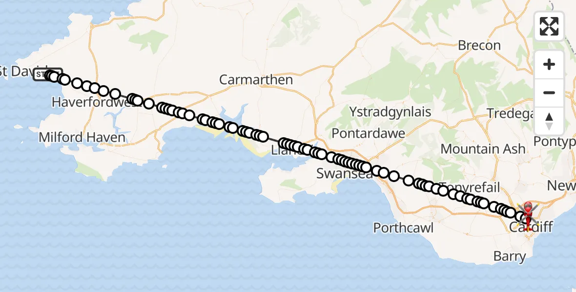 Flight path map showing Air Ambulance Helicopter route from St Davids to Mynachdy