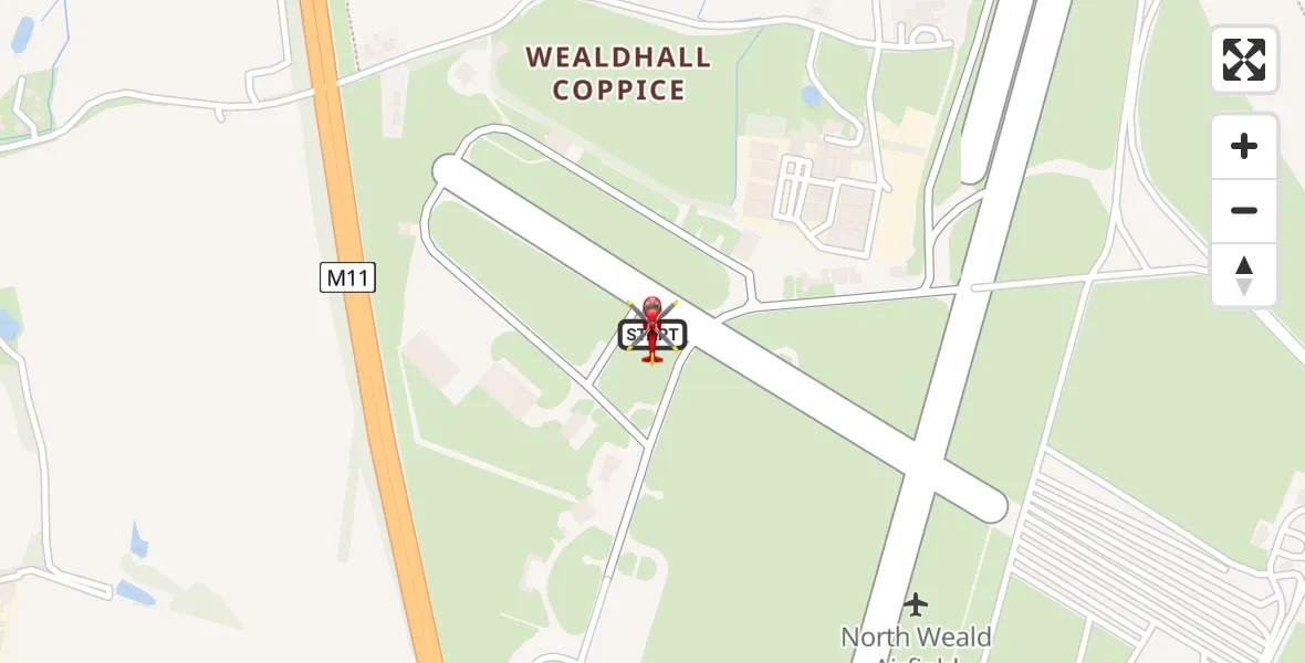Flight path map showing Air Ambulance Helicopter route from North Weald Airfield to North Weald Airfield