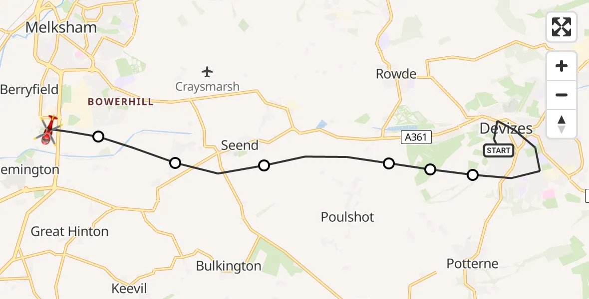 Flight path map showing Air Ambulance Helicopter route from Devizes to Melksham