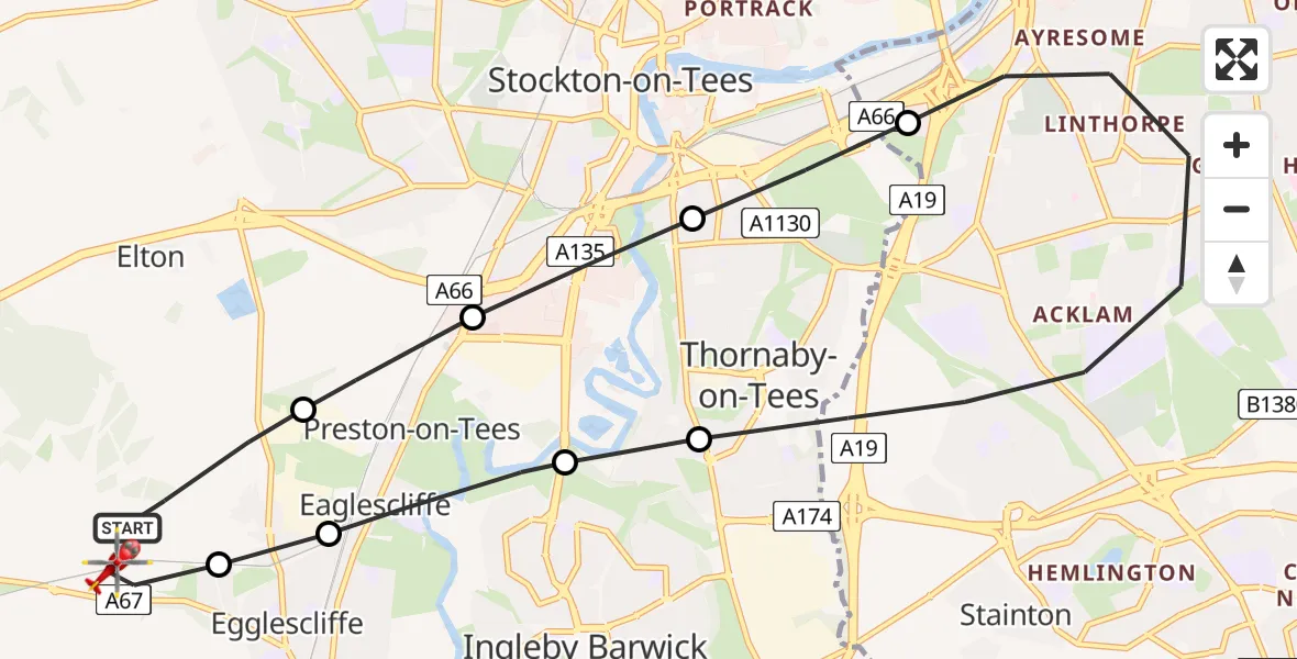 Flight path map showing Air Ambulance Helicopter route from Egglescliffe to Egglescliffe